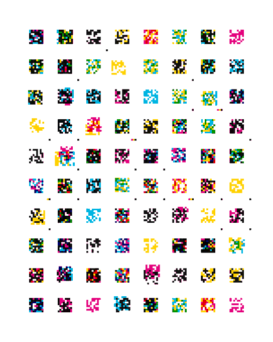 A grid of pixel art icons displaying various colorful characters in different poses against a white background.