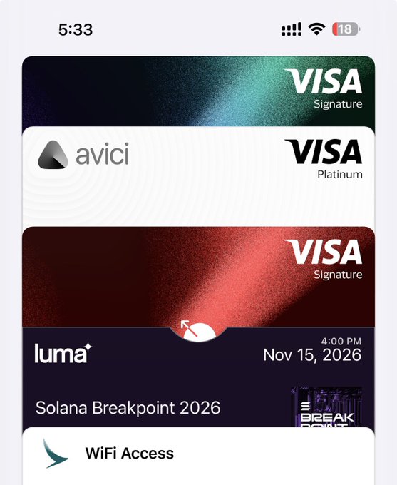 A digital wallet displayed on a phone screen showcases three Visa cards (Signature, Platinum, and Signature) at 5:33 with an 18% battery, alongside a "Luma" Solana Breakpoint 2026 event pass for Nov 15, 2026, at 4:00 PM, and a WiFi Access card. The image supports the post by illustrating a sleek, well-organized wallet interface for managing digital assets and event credentials.