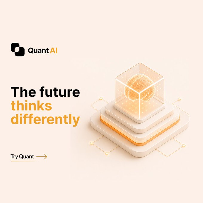 A promotional banner for 'Quant AI' featuring the tagline 'The future thinks differently' with a 3D illustration of a glowing brain inside a transparent cube on a cream-colored background.