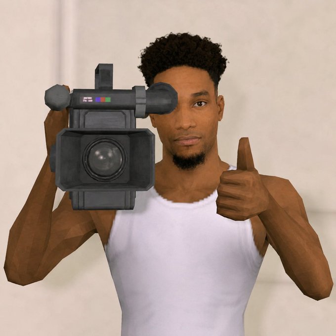 A low-poly 3D rendered man with curly hair and a goatee gives a thumbs-up while holding a professional broadcast camera, wearing a white tank top. The image pairs with the post mocking someone who sold $ANSEM after being bullish, now FUDing the community out of spite since they can't handle others profiting without them.