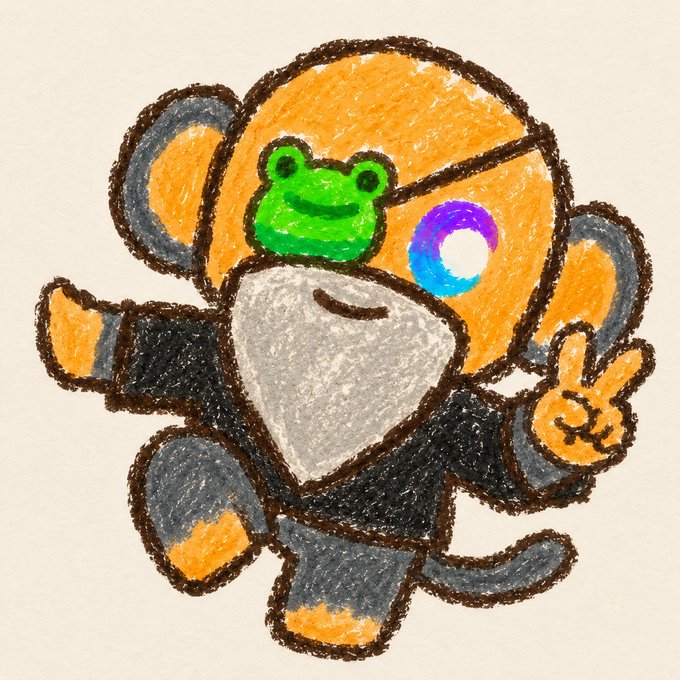 A crayon-style illustration of a robotic monkey character with an orange helmet featuring a green frog emblem and a glowing blue/purple eye, making a peace sign.