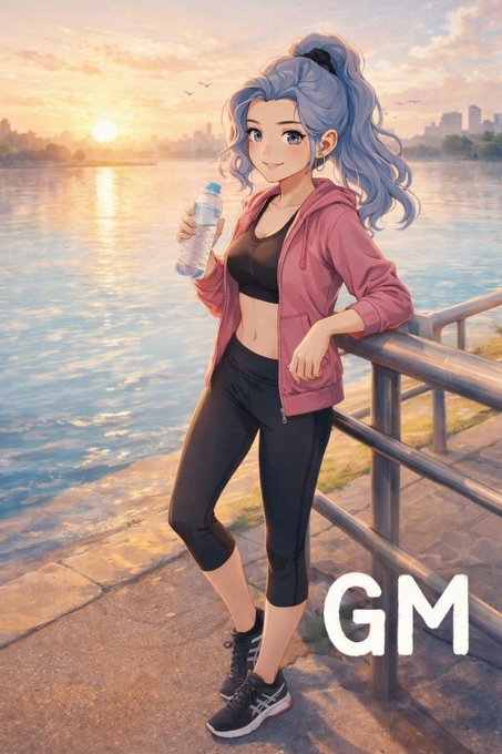 An anime-style illustration of a blue-haired woman in athletic wear holding a water bottle by a waterfront at sunset, with 'GM' text visible.