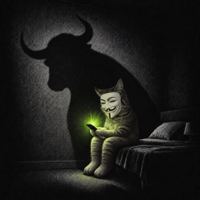 Dark digital artwork depicting a cat wearing a Guy Fawkes/V for Vendetta mask sitting on a bed looking at a phone that emits green light, with a large menacing bull shadow cast on the wall behind it.