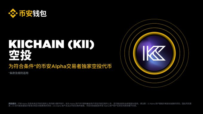 Binance Wallet (币安钱包) promotional banner for a KIICHAIN (KII) airdrop exclusive to Binance Alpha traders, featuring a purple and gold logo on a black background.