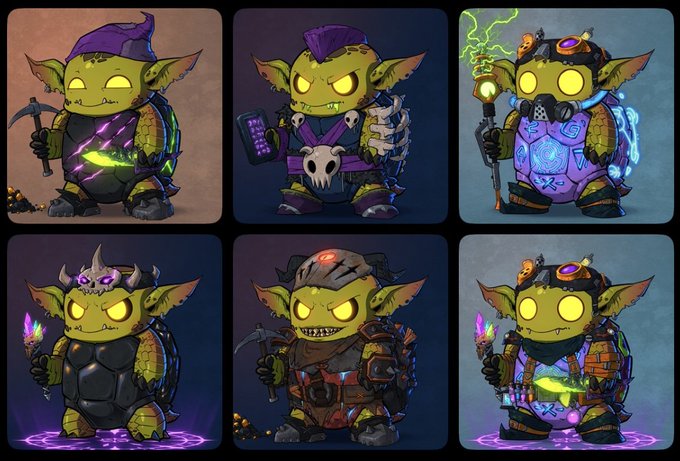 A grid of six stylized, cartoonish green goblin characters in various armor sets, wielding pickaxes and staffs with glowing purple and green energy effects.