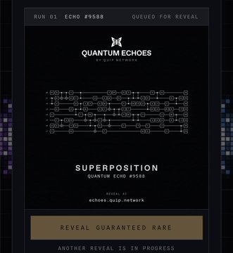 A digital poster for 'Quantum Echoes' by Quip Network featuring 'SUPERPOSITION' with quantum circuit diagrams and the text 'REVEAL GUARANTEED RARE'.