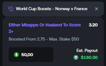 A betting slip from Shuffle shows a World Cup Boost for Norway v France, where the odds on "Either Mbappe Or Haaland To Score 2+" were boosted from 2.75 to 3.20, with a $50 stake yielding an estimated payout of $160.00. The image illustrates the boosted odds being promoted as part of a $300 giveaway on Shuffle.
