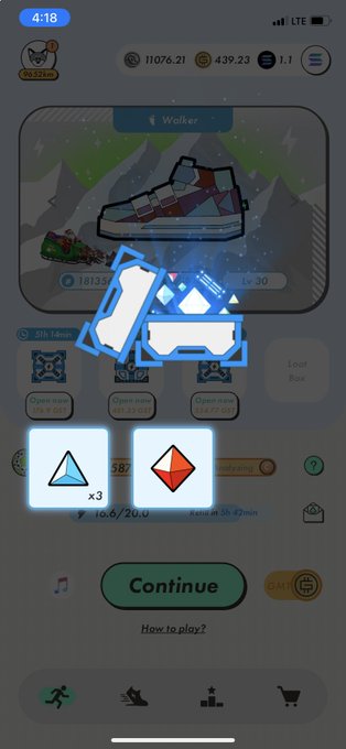 STEPN game reward screen showing mystery box/loot box reveal animation with gem rewards (x3 blue gem and red gem) and Continue button.