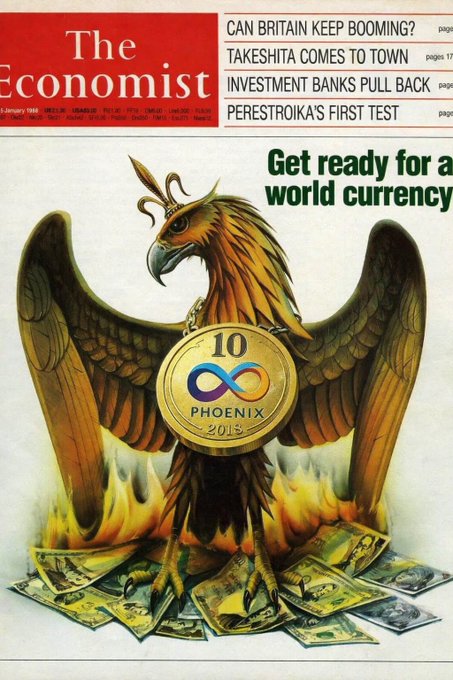 The image features a poster with an illustration of a phoenix, which is a mythical bird often associated with fire and destruction. The phoenix is depicted sitting atop stacks of money, symbolizing wealth or power. The poster also includes text that reads "Can Britain keep boomin'?" and "Get ready for a world currency". This suggests that the poster might be promoting an investment opportunity in cryptocurrency, specifically Ethereum. The phrase "Focus on what's in the image" implies that viewers should pay attention to the details of the phoenix illustration and its connection to the post about investing in cryptocurrency.