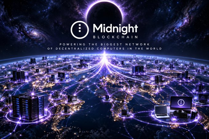 A promotional graphic for "Midnight BLOCKCHAIN" displays the tagline "POWERING THE BIGGEST NETWORK OF DECENTRALIZED COMPUTERS IN THE WORLD" above an Earth illuminated with glowing purple network connections.