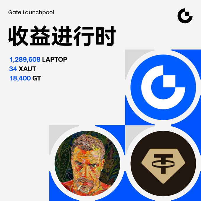 Promotional graphic for 'Gate Launchpool' titled '收益进行时' (Earnings in progress) showing 1,289,608 LAPTOP, 34 XAUT, and 18,400 GT rewards, featuring a stylized artwork of a man's face and the Gate.io logo.
