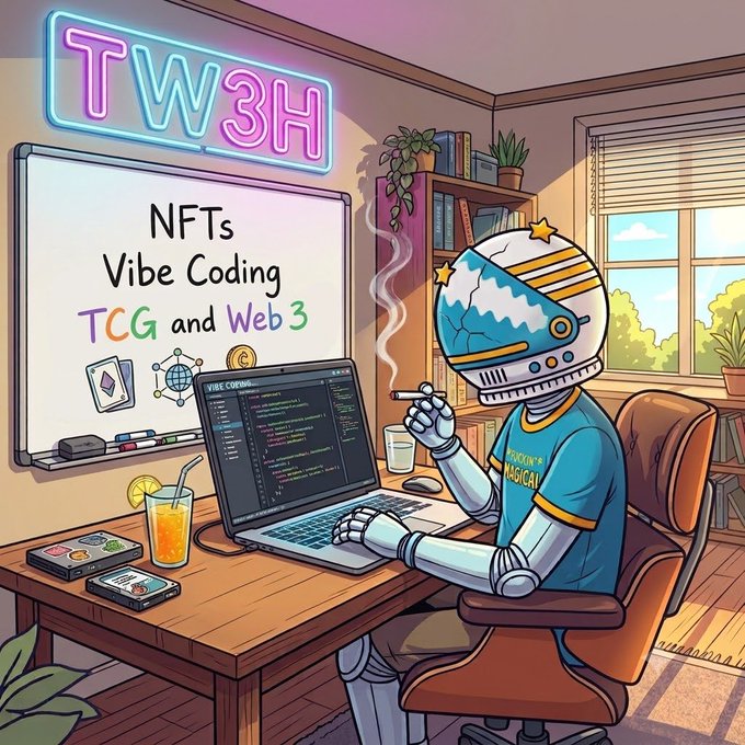 A cartoon illustration of a robot wearing a helmet coding on a laptop, with a neon 'TW3H' sign and a whiteboard reading 'NFTs, Vibe Coding, TCG and Web 3' in the background.