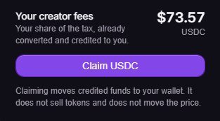 The image displays a creator fees claim interface showing "$73.57 USDC" available to claim, with a "Claim USDC" button and a note that claiming moves funds to the user's wallet. It illustrates the post's complaint about the Arguspad launchpad, where the user earned just $73.57 in creator fees—fitting the "$75 came in" frustration and reflecting the platform's poor performance described in the accompanying critique.