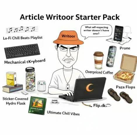 A cartoon 'Article Writoor Starter Pack' meme featuring a serious writer surrounded by labeled items like 'Lo-Fi Chill Beats Playlist', 'Mechanical Keyboard', 'Overpriced Coffee', and 'Paza Flops'.