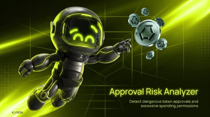 A KLYRON promotional graphic for an 'Approval Risk Analyzer' featuring an animated robot character, designed to 'Detect dangerous token approvals and excessive spending permissions'.