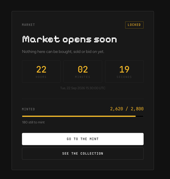 A digital countdown screen displays 'Market opens soon' with a timer showing 22 hours, 02 minutes, and 19 seconds, indicating a status of 'LOCKED' with 2,620/2,800 mints.