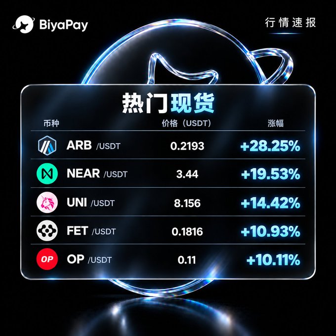 A BiyaPay market update showing top performing cryptocurrencies: ARB (+28.25%), NEAR (+19.53%), UNI (+14.42%), FET (+10.93%), and OP (+10.11%).