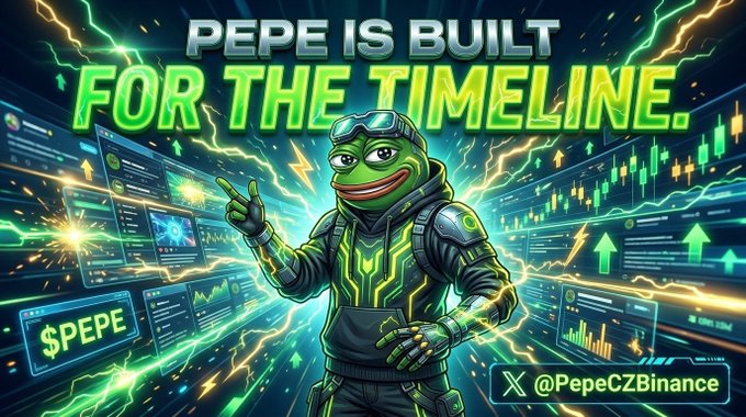 A vibrant digital illustration of a Pepe the Frog character in futuristic armor pointing upward, with the text "PEPE IS BUILT FOR THE TIMELINE" and "$PEPE" displayed amid trading charts and lightning.