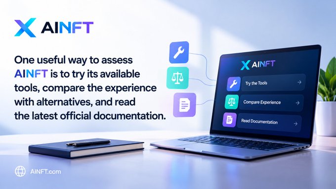 AINFT promotional graphic suggesting users assess the platform by trying its tools, comparing experience with alternatives, and reading the latest official documentation, showing a laptop with menu options for 'Try the Tools,' 'Compare Experience,' and 'Read Documentation' at AINFT.com.