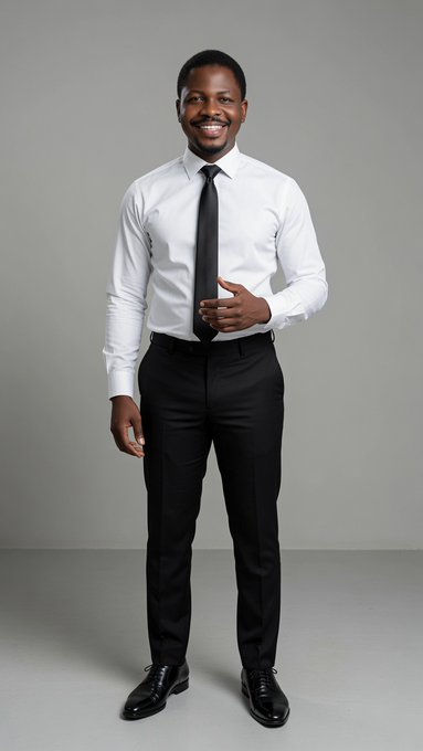 A smiling man with short hair models a formal outfit consisting of a white long-sleeved dress shirt, a slim black tie, black trousers, and black dress shoes against a gray studio background.