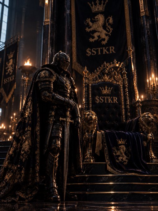 A dark, dramatic scene of a knight in ornate armor standing beside a golden throne, with banners displaying a lion crest and the text 'SSTKR'.