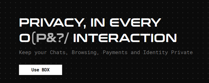 A dark promotional banner reading 'PRIVACY, IN EVERY INTERACTION' with the tagline 'Keep your Chats, Browsing, Payments and Identity Private' and a 'Use BDX' button.