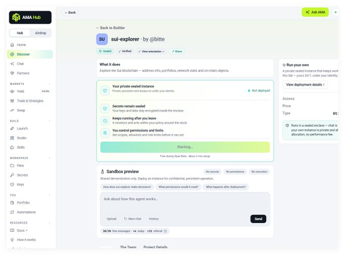 The user just entered the platform yesterday, and basic interfaces were working, but today none of them work, seemingly frozen — showing the AMA Hub interface for "sui-explorer" by @bitte, which is stuck on a "Starting..." status bar that says "Free during Open Beta - about 2 min setup."