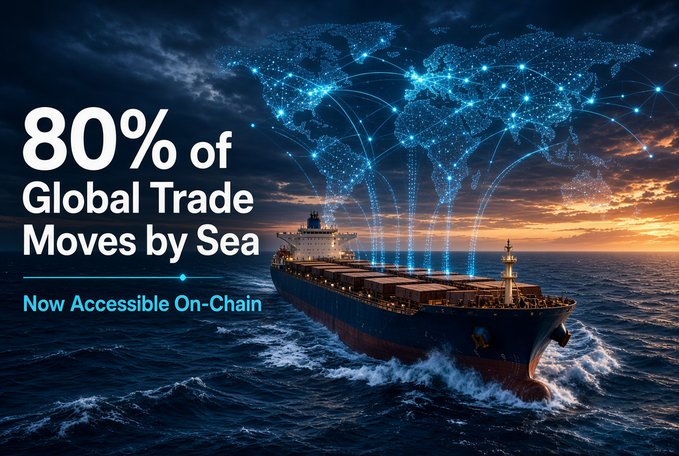 A marketing graphic stating '80% of Global Trade Moves by Sea' and 'Now Accessible On-Chain', depicting a large container ship sailing on the ocean with a glowing blue digital world map projected above it.