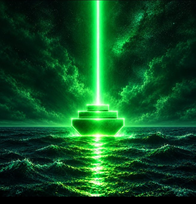 A dramatic digital artwork featuring a glowing green vessel or ship on turbulent waters, emitting a bright vertical beam of green light into a cloudy, starry night sky.