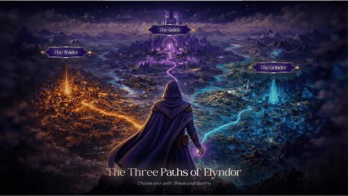 urns of fire and water, a castle with a tower, and a river are depicted on the three paths of Elyndor.