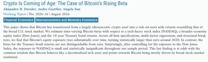 A screenshot of an academic paper titled 'Crypto Is Coming of Age: The Case of Bitcoin's Rising Beta' by Alejandro H. Drexler and Andre Guettler, with Angela Sun, published in the Financial Economics section.
