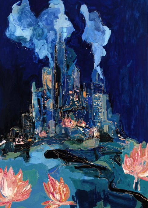 An impressionistic painting of a fantastical city with tall, glowing skyscrapers rising from water at night, topped with clouds, with pink lotus flowers blooming in the foreground.