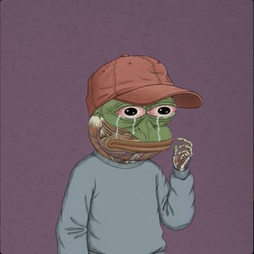 An illustration of a green frog wearing a red baseball cap and blue sweater, crying while holding a small object.