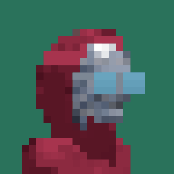 A pixel art image of a red spacesuit helmet from the game Among Us against a dark green background.
