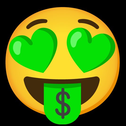 A yellow emoji face with green heart-shaped eyes and a green tongue with a dollar sign sticking out of its smiling mouth, set against a black background.
