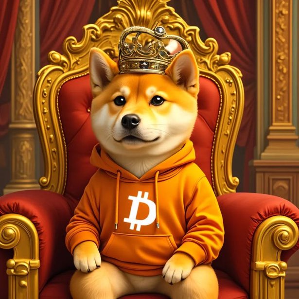 A digital illustration of a Shiba Inu dog wearing a gold crown and an orange Bitcoin hoodie, sitting on an ornate red and gold throne.