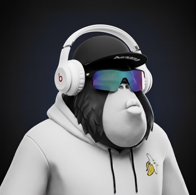 A 3D rendered monkey avatar wearing a white hoodie with a banana logo, white Beats headphones, and a black cap with colorful reflective sunglasses.