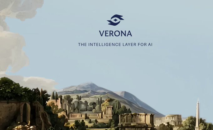 A landing page for "VERONA" branding itself as "THE INTELLIGENCE LAYER FOR AI" with a logo above a classical Renaissance-style landscape painting featuring mountains, ruins, and an obelisk.