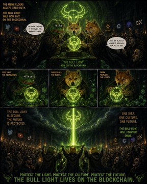 A comic-style promotional image for 'BULL TOKEN' on the blockchain, showing a sacred bull oracle and a congregation, declaring 'THE BULL LIGHT LIVES ON THE BLOCKCHAIN.'