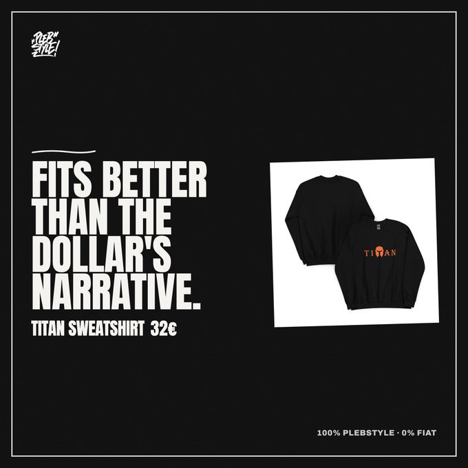 ike39's "Titan Sweatshirt" features orange text on a black background, priced at $32.98 for a 100% Plebe Style sweatshirt.