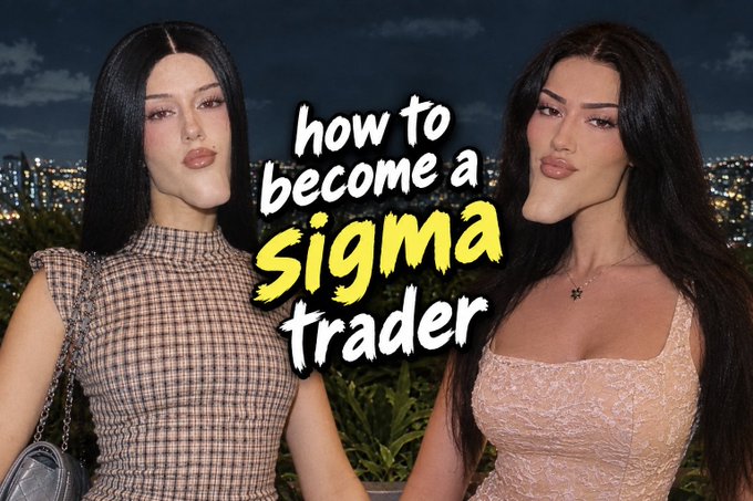 A YouTube thumbnail featuring two women with the text 'how to become a sigma trader' in white and yellow lettering against a city skyline background.