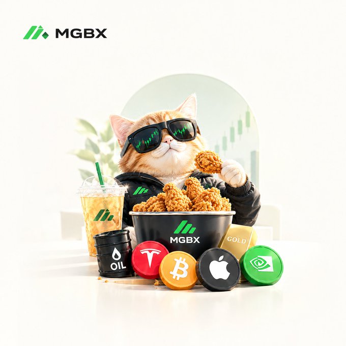 An MGBX promotional image featuring an orange cat wearing sunglasses, fried chicken, a drink, and coins labeled OIL, Tesla, Bitcoin, Apple, and GOLD.