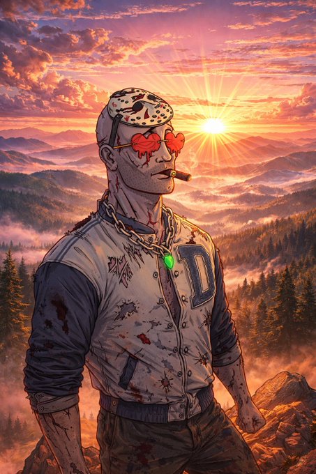 An illustrated zombie-like figure wearing a blood-splattered 'D' letterman jacket, hockey mask, heart-shaped sunglasses, and a cigar stands against a dramatic mountain sunset.