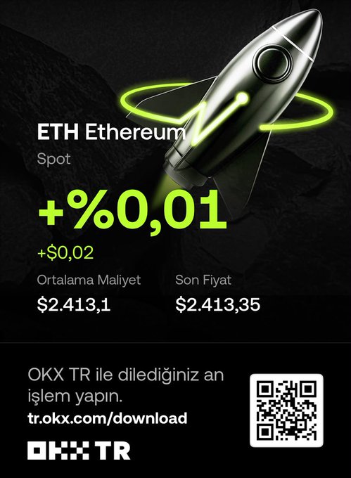 The image shows an OKX TR promotional graphic featuring a metallic rocket with neon green accents on a dark background, displaying Ethereum (ETH) Spot trading data: a +0.01% gain (+$0.02), with an average cost of $2,413.1 and last price of $2,413.35, along with a QR code and "tr.okx.com/download" link. The graphic exemplifies the Spot PnL Card feature mentioned in the post, which allows traders to share their spot trading results visually rather than describing them in text.