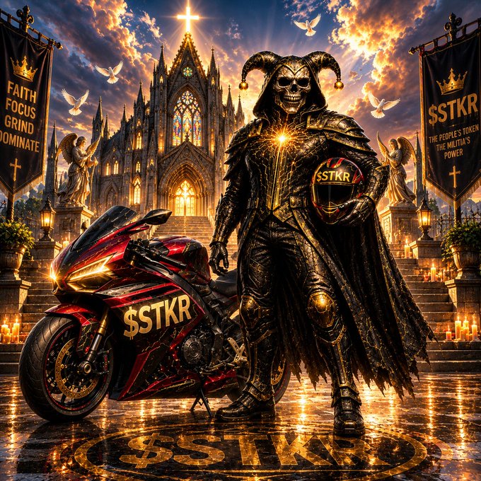 A dark fantasy digital artwork featuring a skull-faced knight in jester-like armor holding a helmet branded with '$STKR', standing next to a red sportbike marked '$STKR', with banners reading 'FAITH FOCUS GRIND DOMINATE' and '$STKR THE PEOPLE'S TOKEN THE MILITIA'S POWER'.