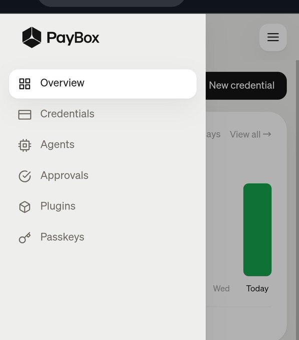 A PayBox mobile app menu is displayed, showing navigation options including Overview, Credentials, Agents, Approvals, Plugins, and Passkeys, with "New credential" button visible in the background. The image doesn't relate to the post about MoonPay or an X connection drop, as it shows a credential management interface rather than anything related to cryptocurrency payment services or social media integration.