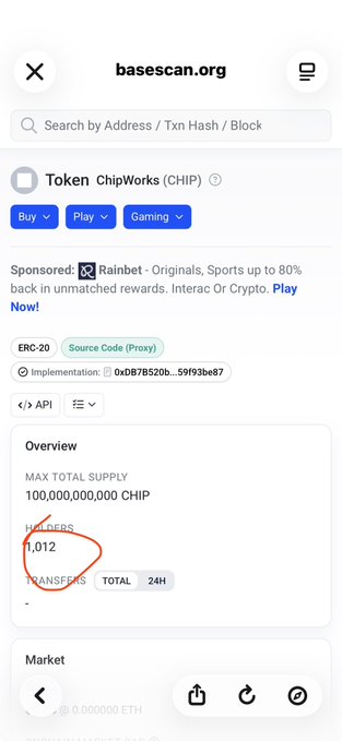 A mobile screenshot of basescan.org showing token details for 'ChipWorks (CHIP)', an ERC-20 Source Code (Proxy) token, with the holder count '1,012' circled in red.