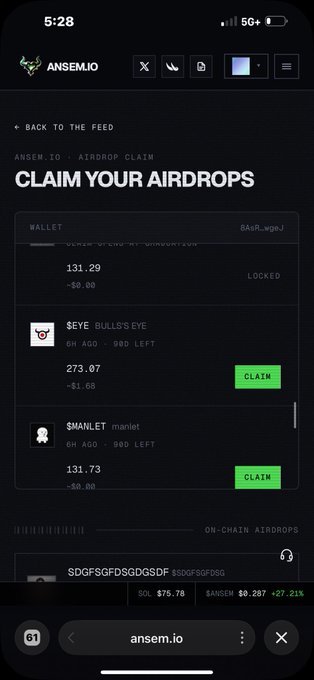 A screenshot of the ansem.io airdrop claim page showing rewards of 131.29, including claimable $EYE (273.07) and $MANLET (131.73) tokens.