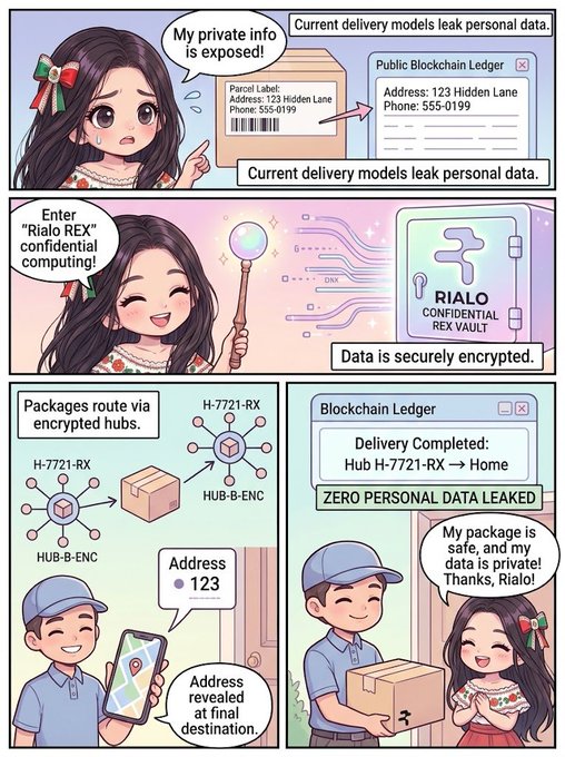 A four-panel comic illustration explains Rialo REX confidential computing, showing how a private delivery system protects personal information through encrypted blockchain ledgers, with text including 'My private info is exposed!', 'Current delivery models leak personal data.', 'Enter "Rialo REX" confidential computing!', 'Data is securely encrypted.', 'Packages route via encrypted hubs', and 'ZERO PERSONAL DATA LEAKED'.