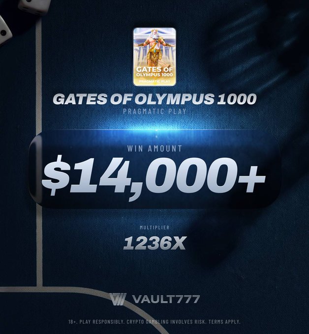 Promotional graphic for Vault777 showcasing a massive $14,000+ win on "Gates of Olympus 1000" by Pragmatic Play, featuring a 1236x multiplier hit achieved on a $12 bet, as referenced in the accompanying post celebrating the big win.